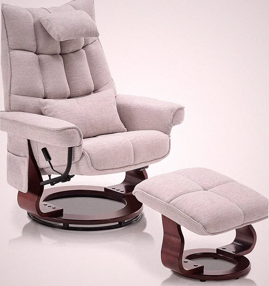 Beige Swivel Recliner & Ottoman with Vibration Massage for Small Spaces