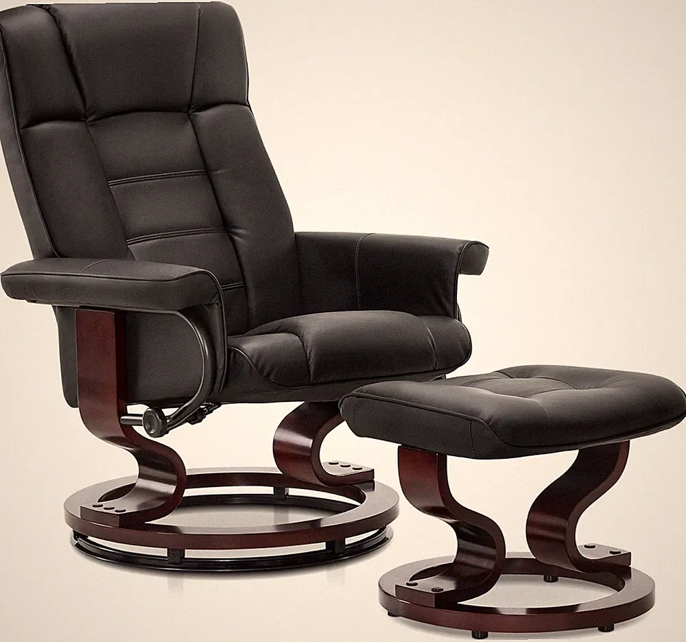 Compact Manual Swivel Recliner with Ottoman for Small Spaces - Black Faux Leathe