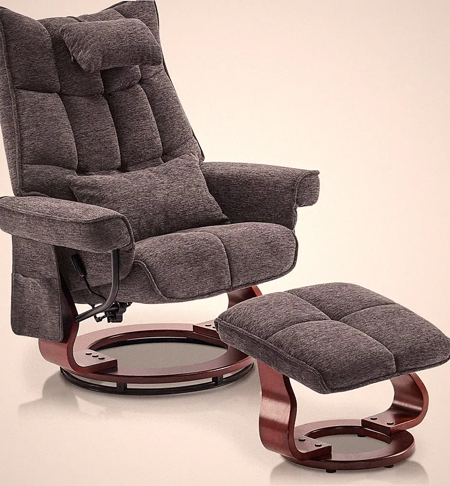 Grey Swivel Recliner with Ottoman & Vibration Massage for Small Spaces