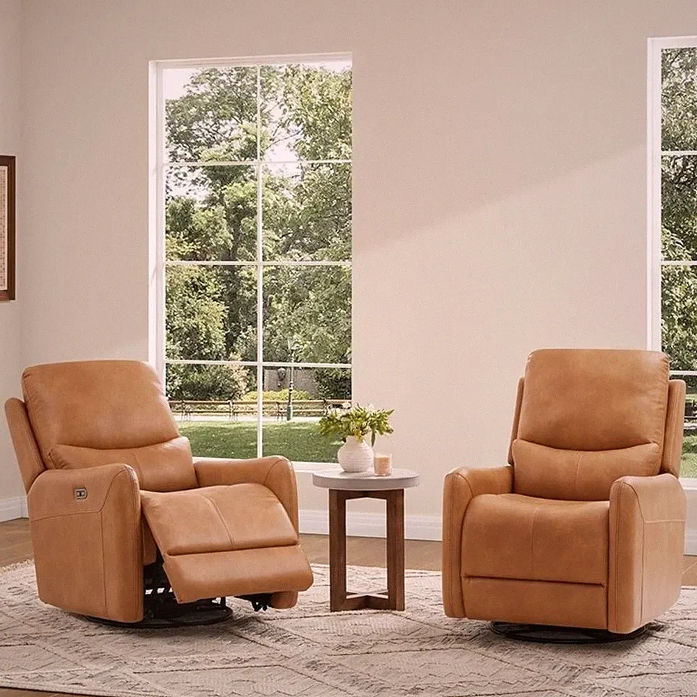 Pemberly Row 30" Swivel Power Recliner Arm Chair in Saddle Brown Faux Leather