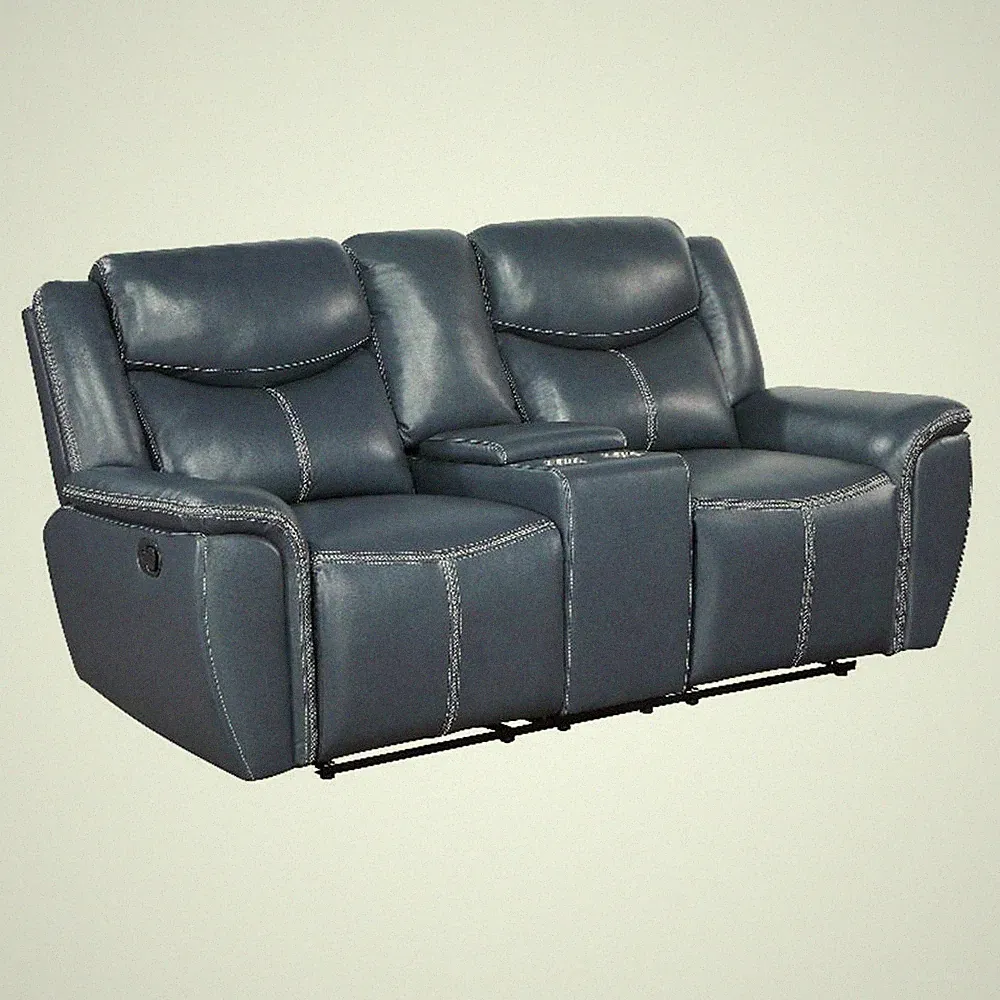 Pemberly Row Faux Leather Motion Reclining Loveseat with Console Blue