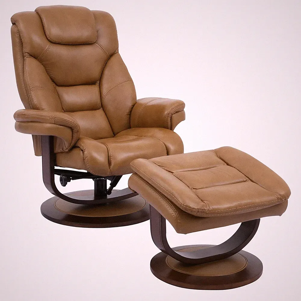 Pemberly Row Leather Manual Reclining Swivel Chair and Ottoman in Brown