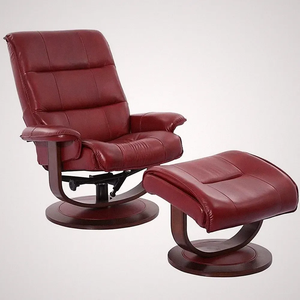 Pemberly Row Leather Manual Reclining Swivel Chair and Ottoman in Red