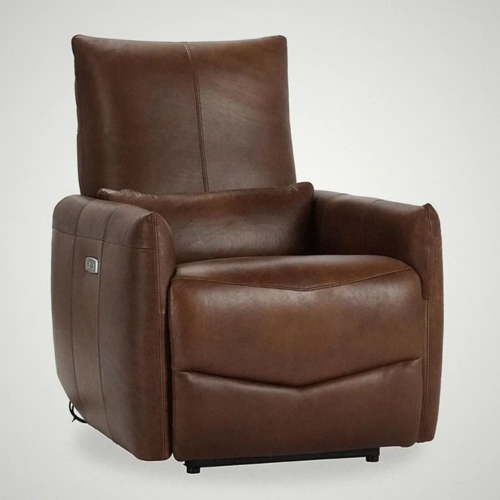 Pemberly Row Transitional Leather Power Recliner Chair in Antique Brown