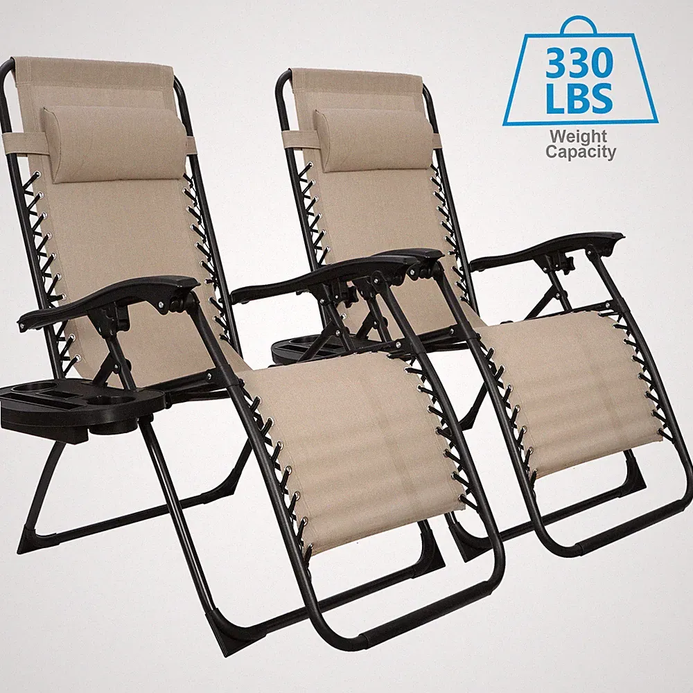 Set of 2 Adjustable Zero Gravity Lounge Chair Recliners w/Pillows and Cup Holder