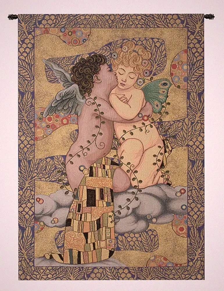 The First Kiss Cupid and Psyche Myth Italian Woven Tapestry Wall Art Hanging New